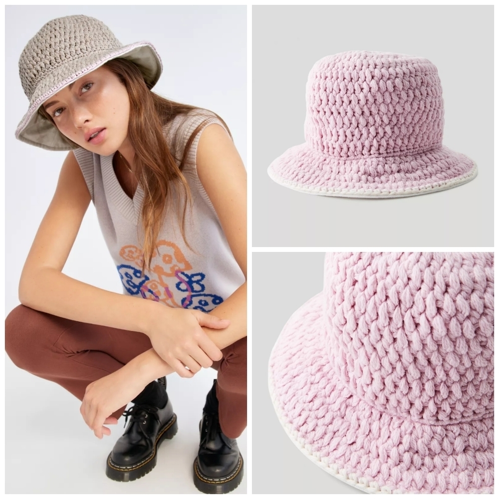 Aritzia Crochet Bucket Hat in Light Pink with Cream Trim